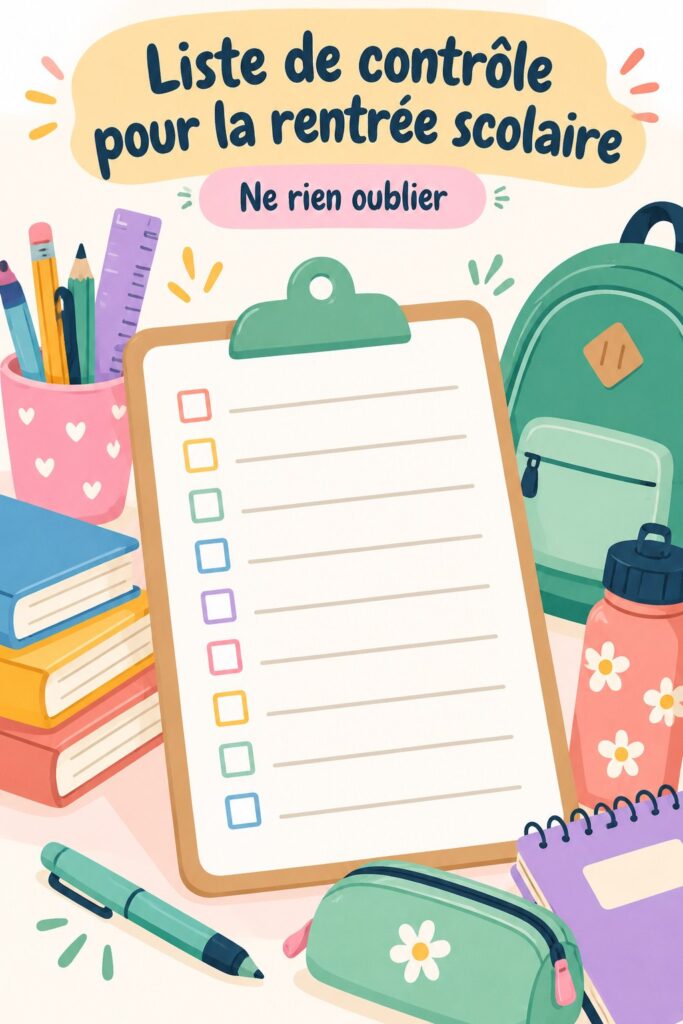 Checklist sur un bureau pour préparer la rentrée 2026, avec des fournitures scolaires et un café.