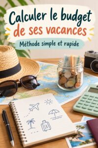 Femme souriante calculant son budget pour un voyage sur un carnet.
