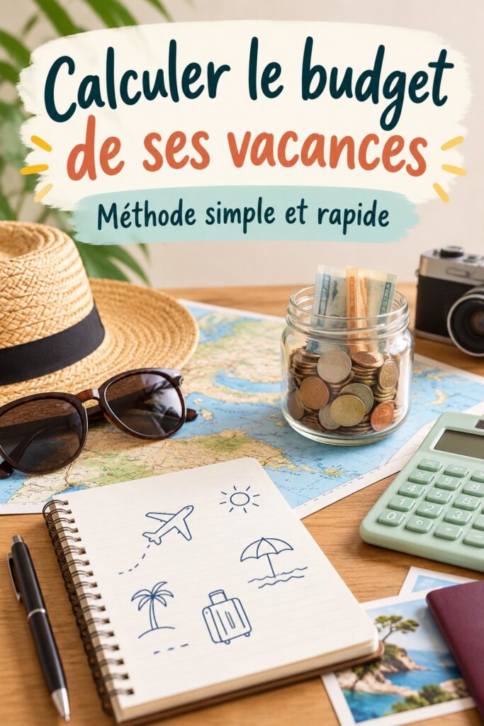 Femme souriante calculant son budget pour un voyage sur un carnet.