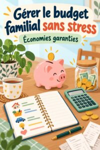 Femme souriante qui gère son budget familial avec des notes et un ordinateur.