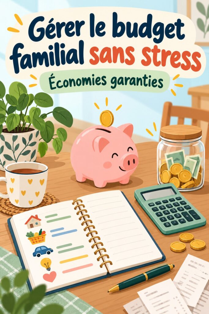 Femme souriante qui gère son budget familial avec des notes et un ordinateur.