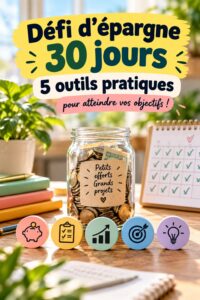 Femme souriante planifiant son défi d'épargne de 30 jours avec un ordinateur et des outils financiers.