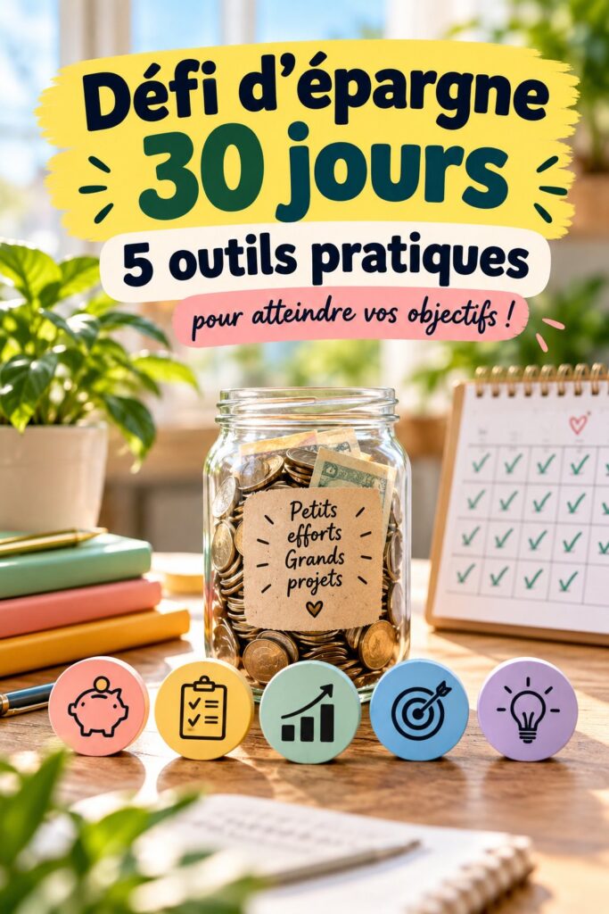 Femme souriante planifiant son défi d'épargne de 30 jours avec un ordinateur et des outils financiers.