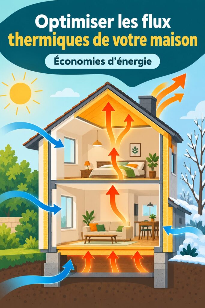 Illustration d'un logement avec des indications sur les échanges énergétiques