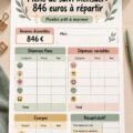 Fiche de suivi mensuel pour gérer un budget de 846 euros.