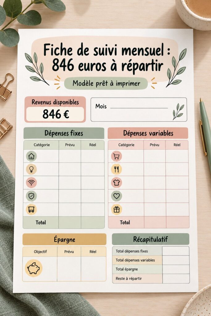 Fiche de suivi mensuel pour gérer un budget de 846 euros.
