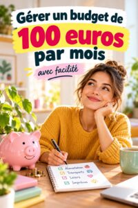 Femme analysant son budget de 100 euros à table avec un carnet et un stylo.