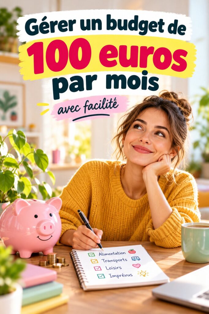 Femme analysant son budget de 100 euros à table avec un carnet et un stylo.