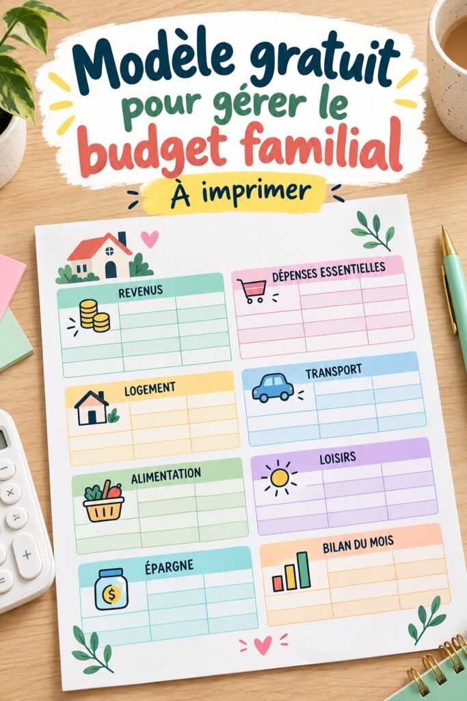 Modèle de budget familial imprimable sur un bureau avec des crayons