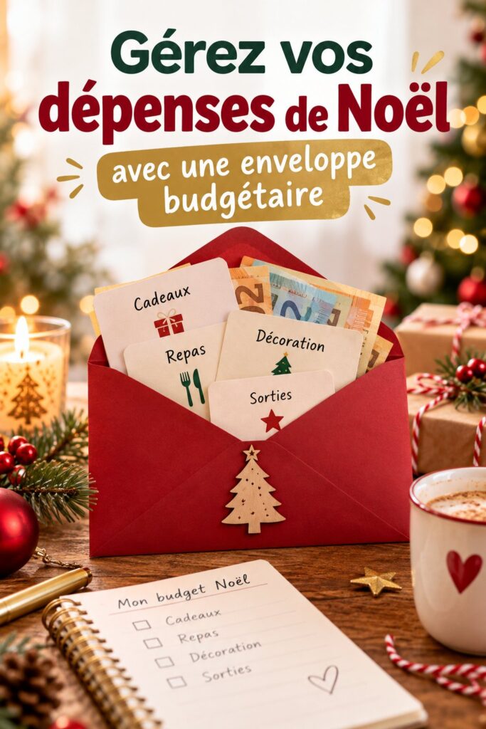 Une table décorée pour Noël avec des enveloppes budgétaires visibles, illustrant la gestion des dépenses.