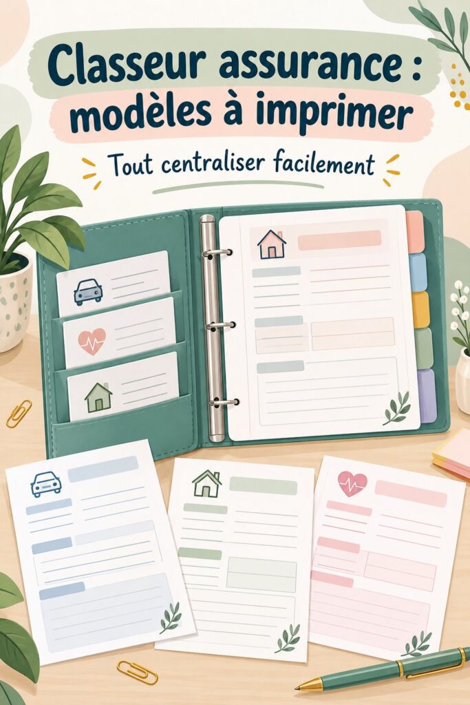 Imprimables pratiques pour organiser les documents d'assurance sur une table.