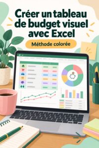 Capture d'écran d'un tableau de budget visuel créé sur Excel, affichant des catégories colorées et des graphiques.