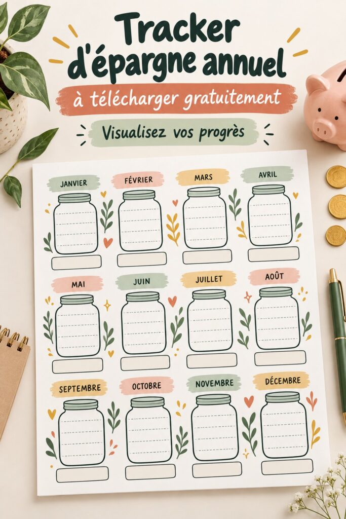 Image d'un tracker d'épargne annuel gratuit, montrant des sections pour suivre ses économies